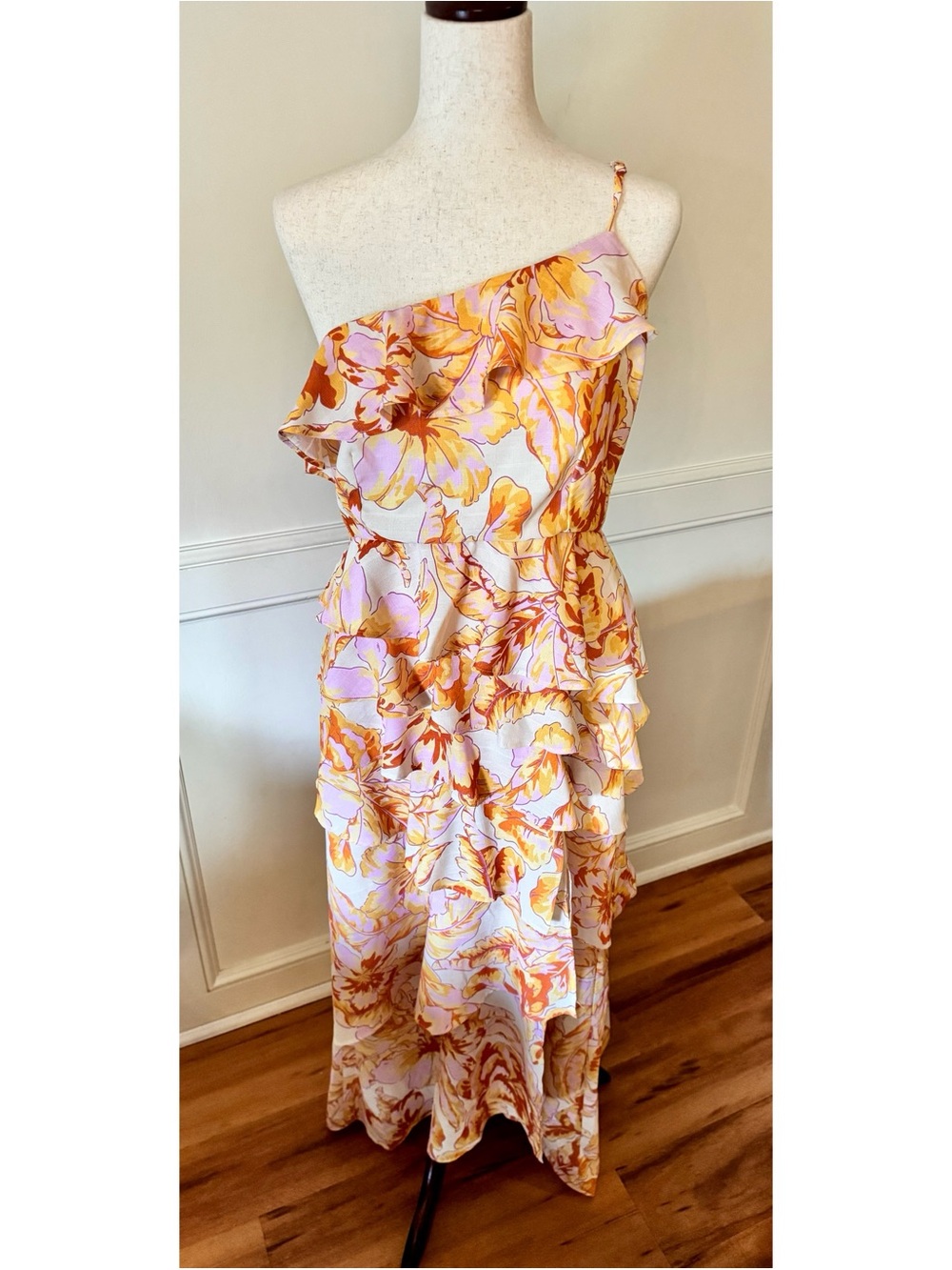 One-Shoulder Floral Ruffle Maxi Dress in Pink & Yellow